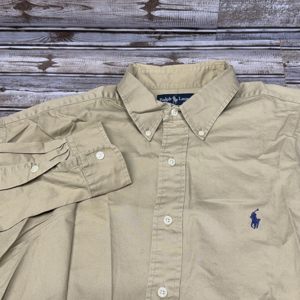 Ralph Lauren Button Down Shirt Mens XL Tan Blake Long Sleeve Cotton Twill Pony